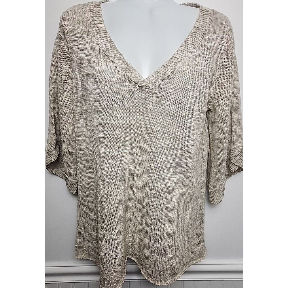 Eileen Fisher Beige Linen blend Deep V-Neck Knit Top Sweater Small 1/2 Sleeve